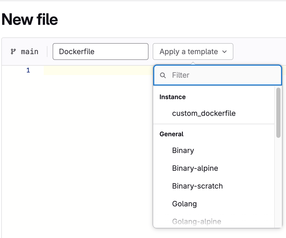 The GitLab UI for creating a new file, with a dropdown list displaying the Dockerfile templates to choose from.