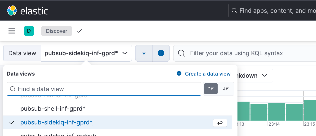 Kibana data view selector showing the pubsub Sidekiq index pattern.